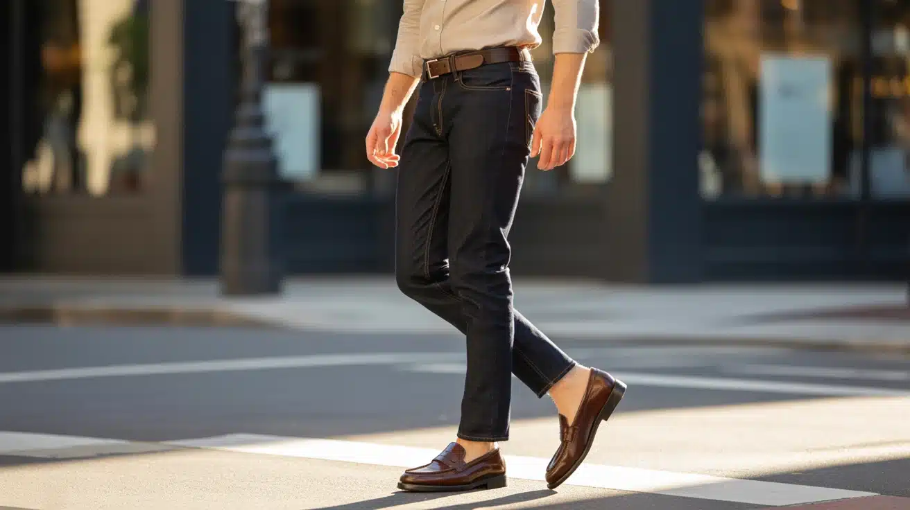 brown loafers with dark slim jeans in a sunny smart casual outfit for a neat everyday look