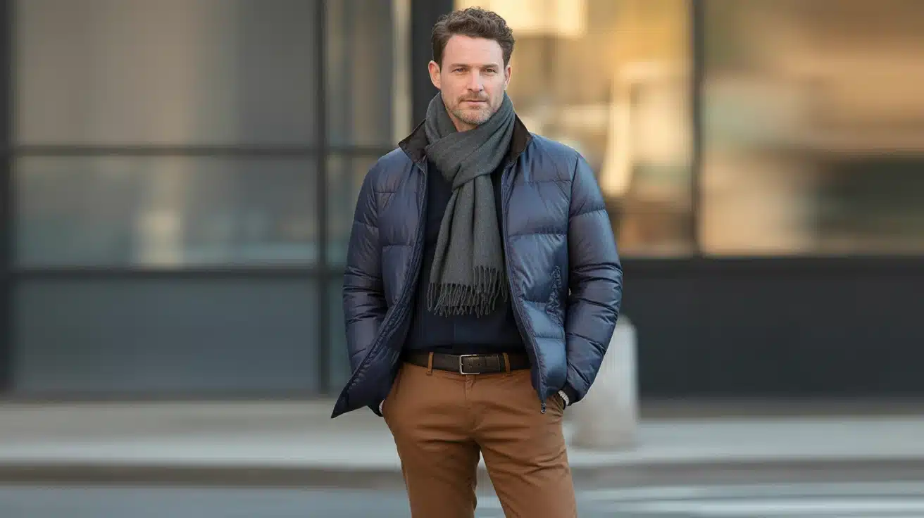 Brown pants with a puffer jacket and scarf for cold-weather style