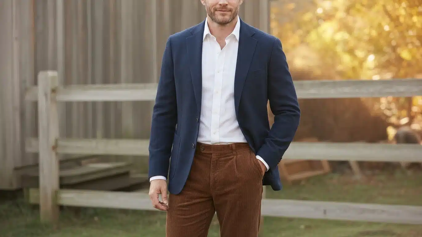 Brown trousers with a navy blazer and polished loafers