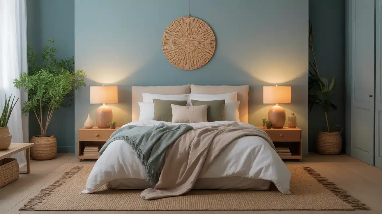 calming bedroom with soft blue walls earthy greens and warm neutrals creating a peaceful atmosphere