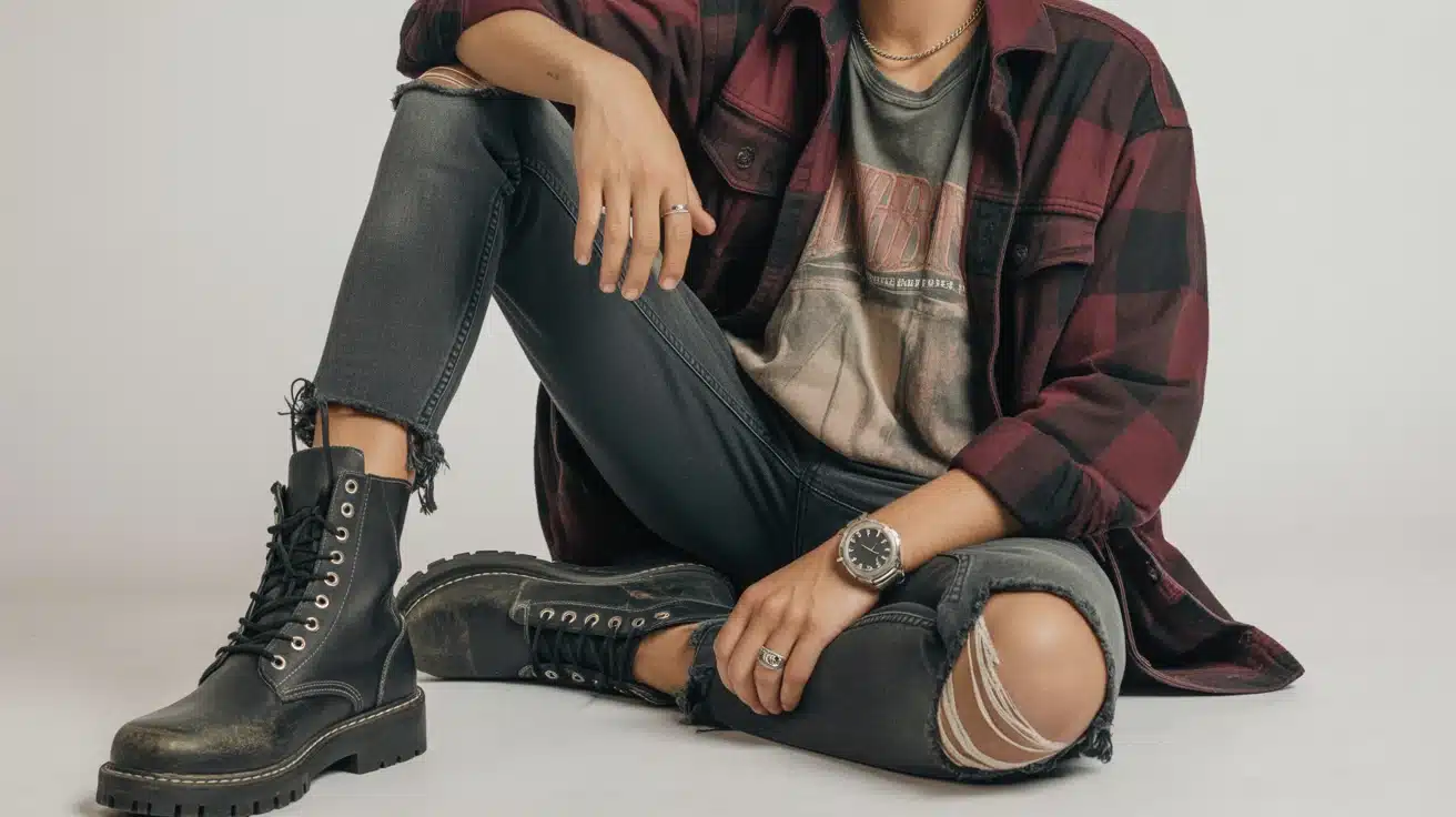 casual grunge outfit with ripped jeans, vintage band tee, open flannel, and chunky boots for a laid-back look