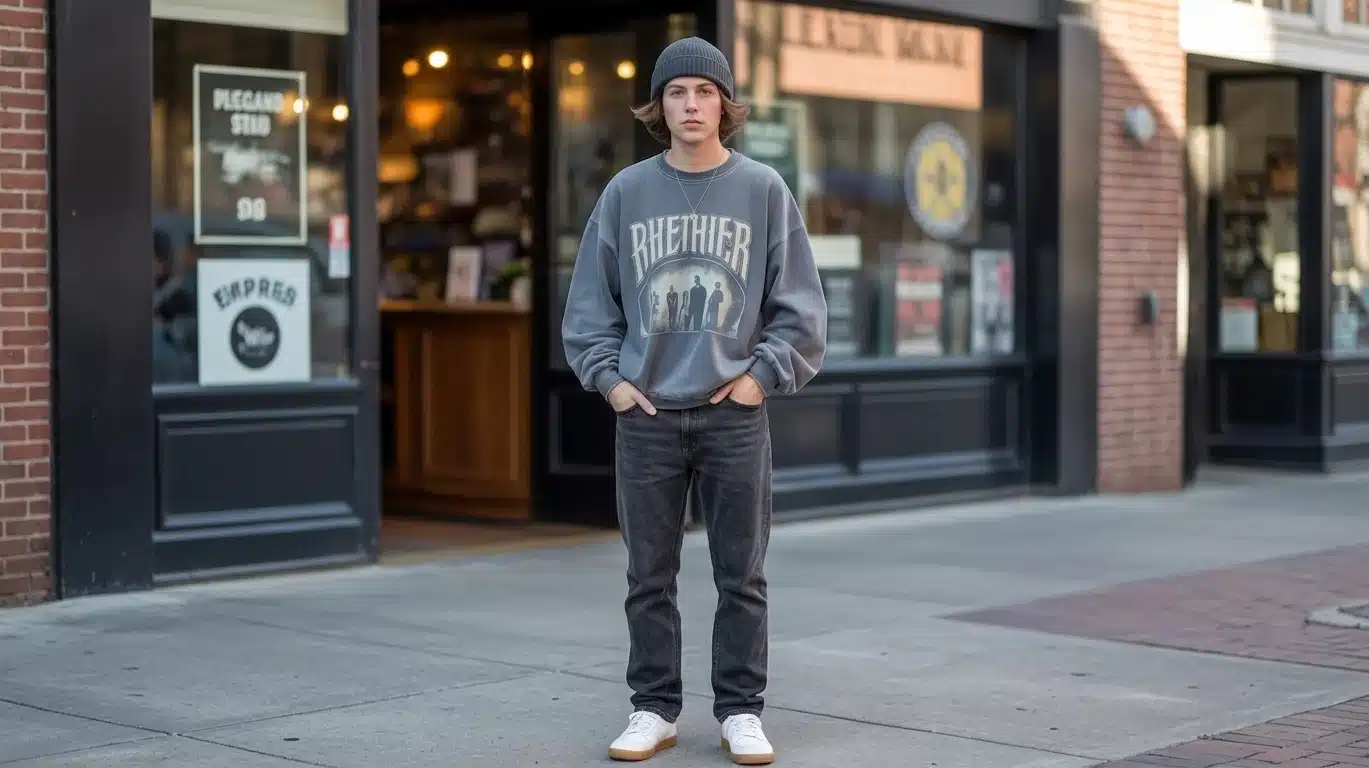 Oversized graphic sweatshirt with retro sneakers and slouchy beanie