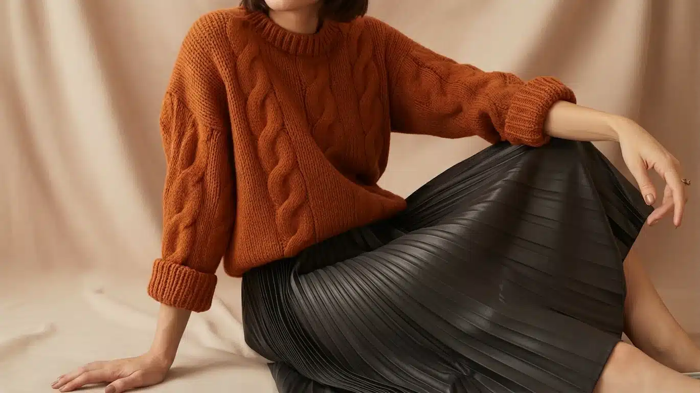 Chunky knit sweater tucked into a pleated skirt for a polished indie look
