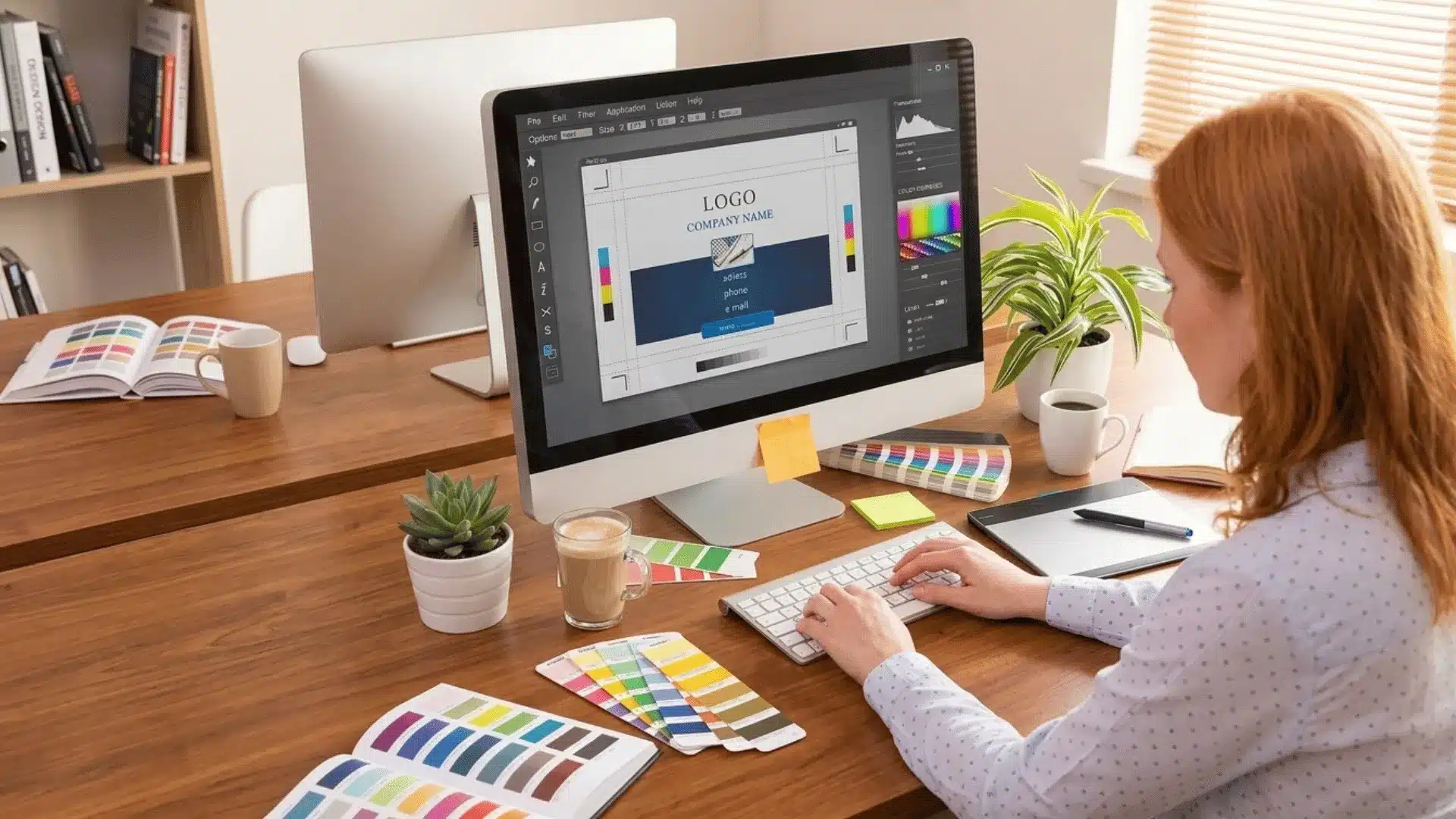 close-up photograph of a woman working on systemfor graphic design with coffe and plants around and color paper