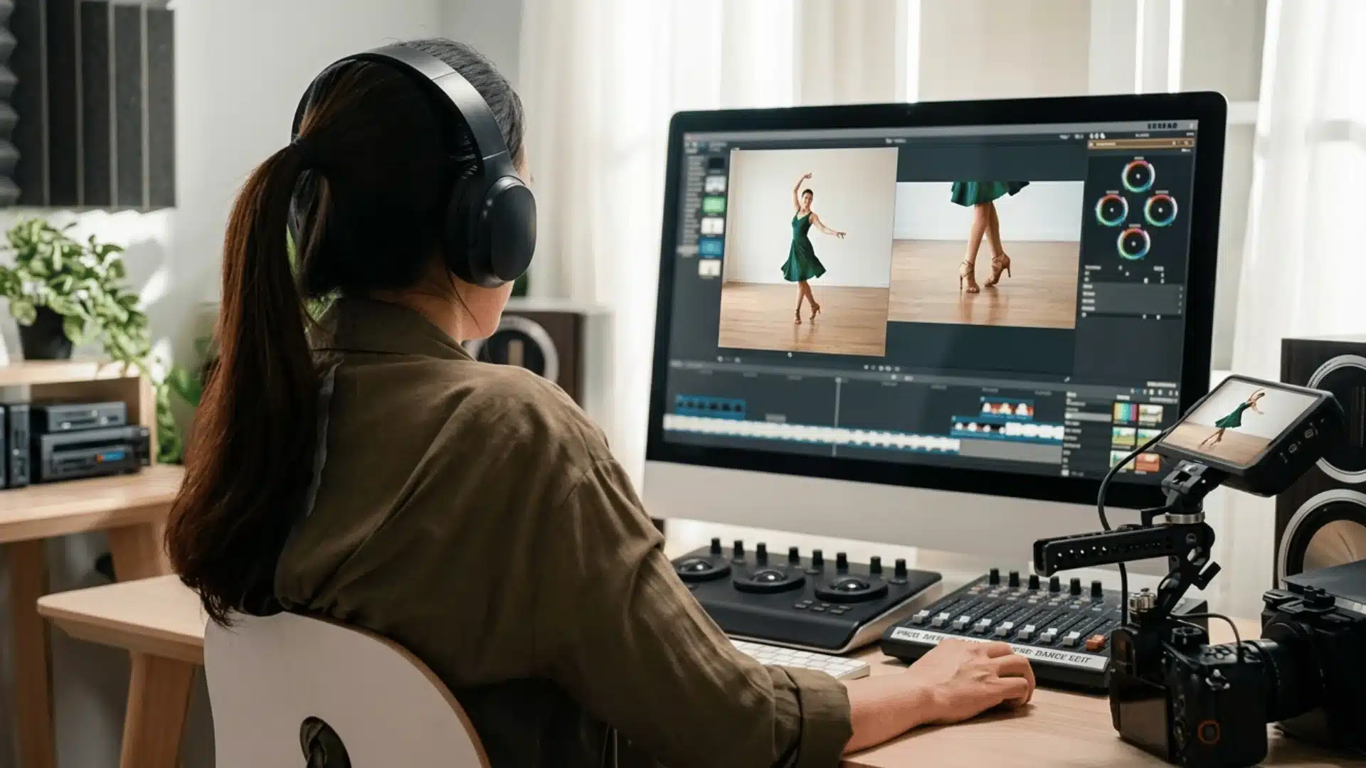 close-up photograph of hands and a woman working on pc editing some dance video with ssome camera