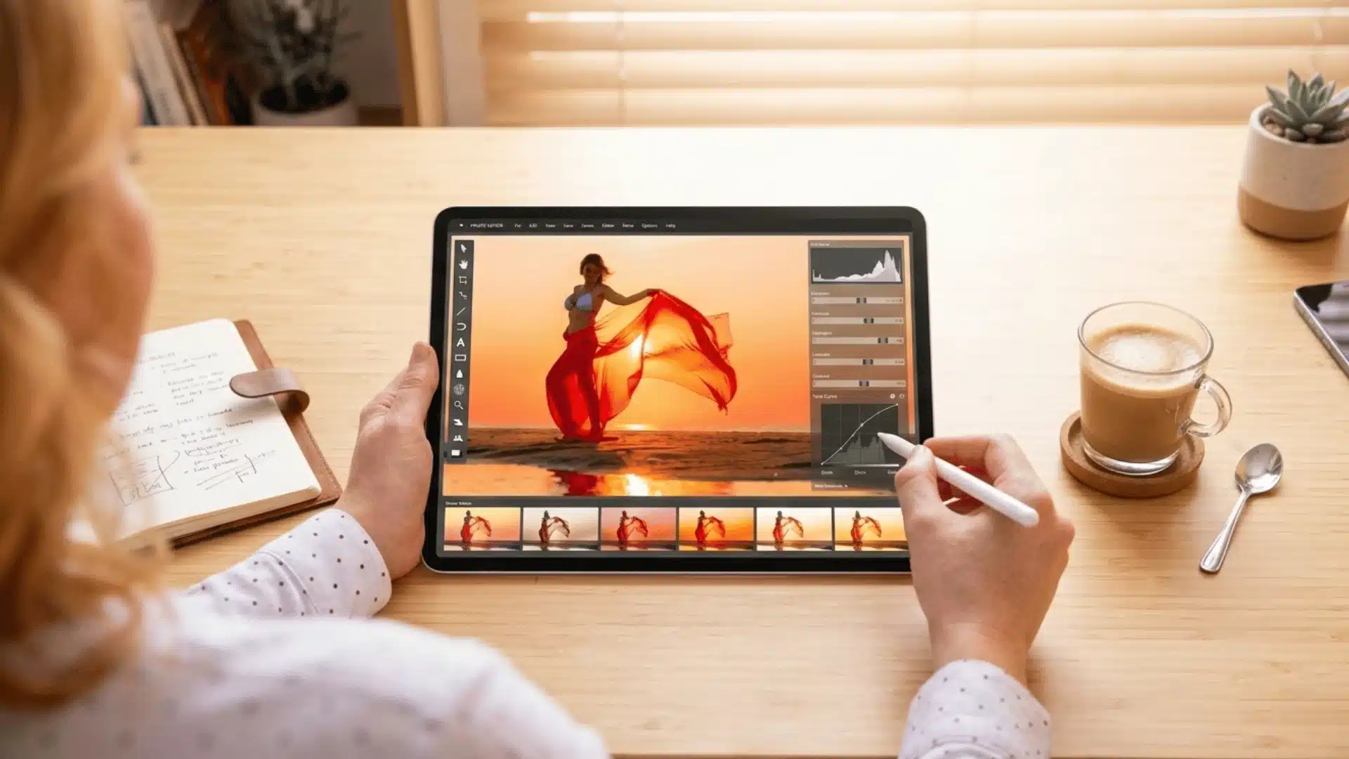 close-up photograph of hands and shoulder of a woman working on ipaid editing some pic with coffee