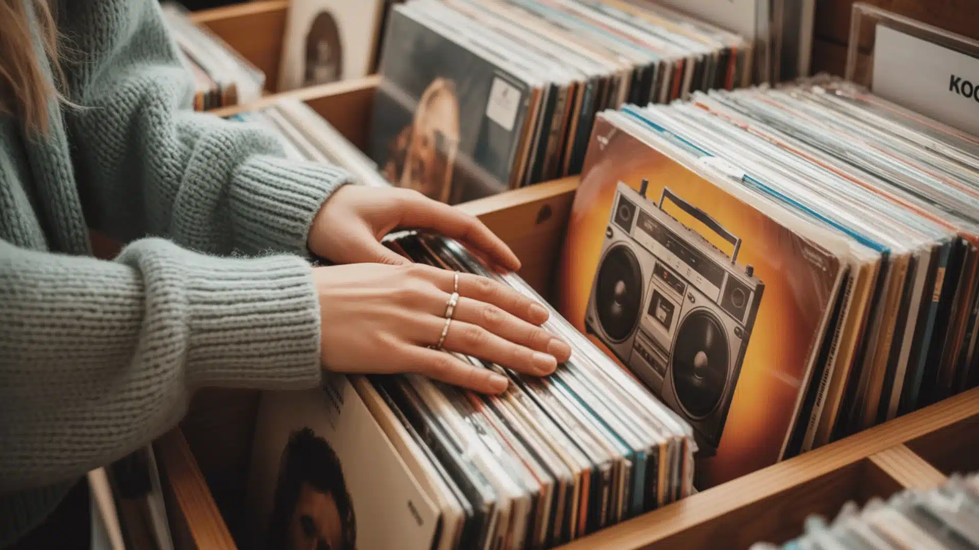 close-up photograph of hands browsing through vinyl record sleeves in a record store