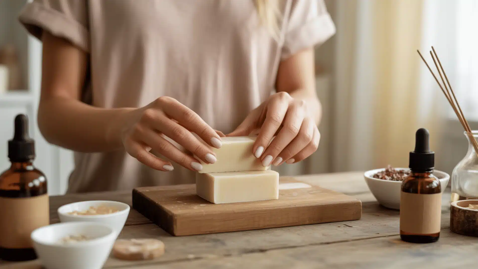 close-up photograph of hands working with soap on a wooden cutting board the person is wearing a beige t-shirt