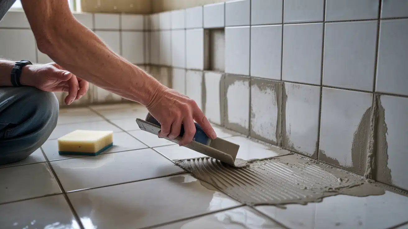 close view of bathroom tiles with fresh white grout being applied clean lines improving old tiled surface