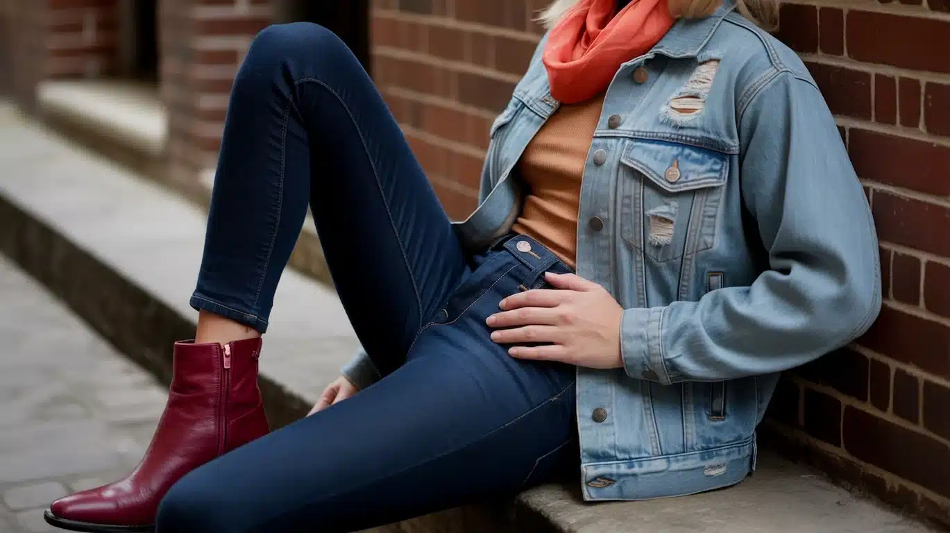 Contrasting denim jacket and jeans with bold accessories for indie double denim