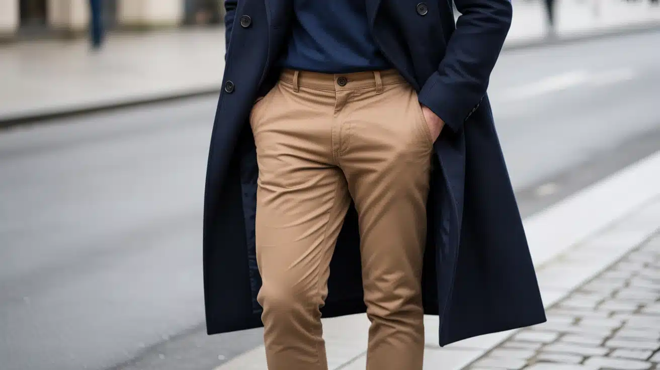 Corduroy pants with a wool sweater and boots for a practical winter look