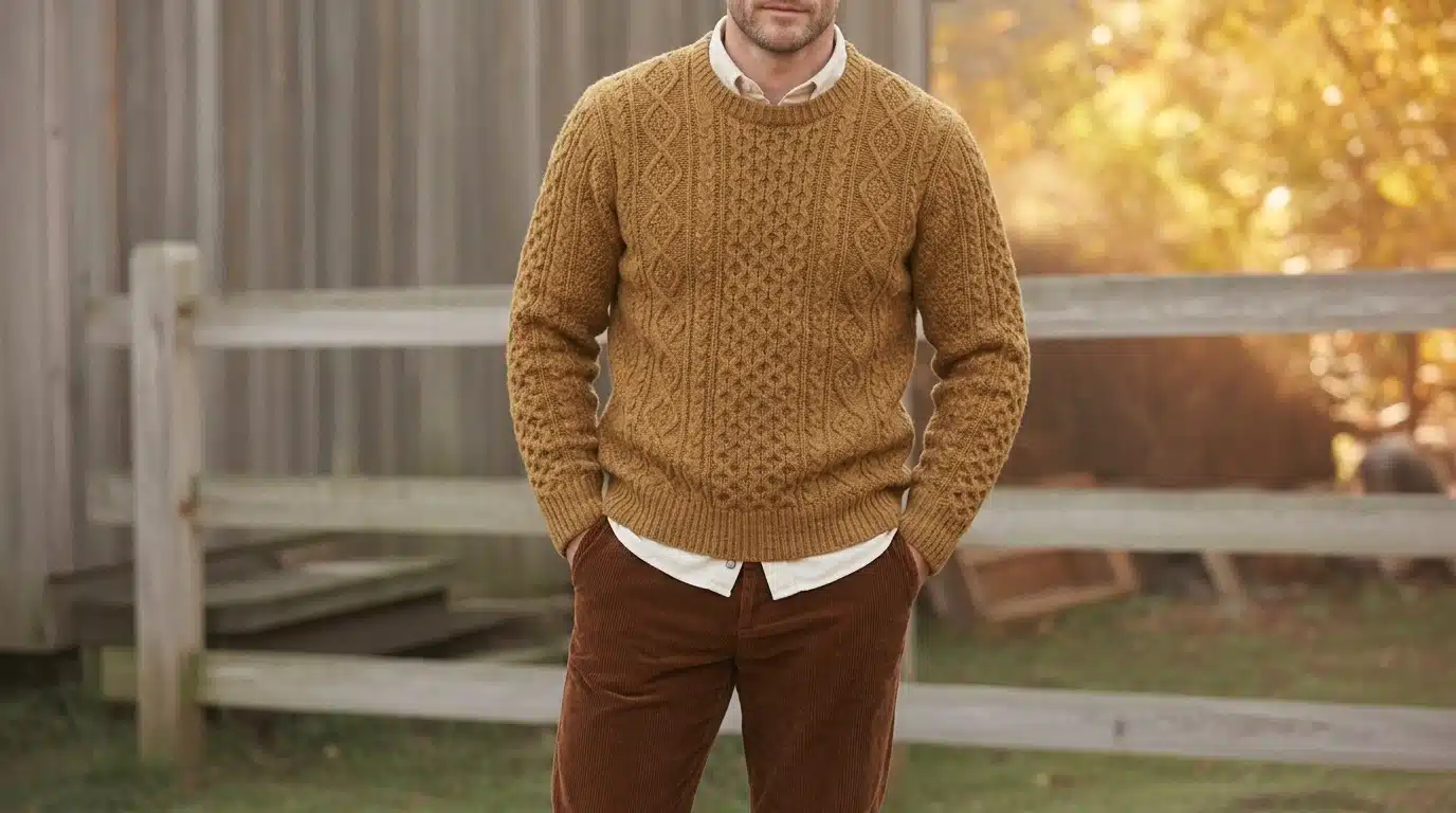 Brown corduroy pants and a mustard knit sweater