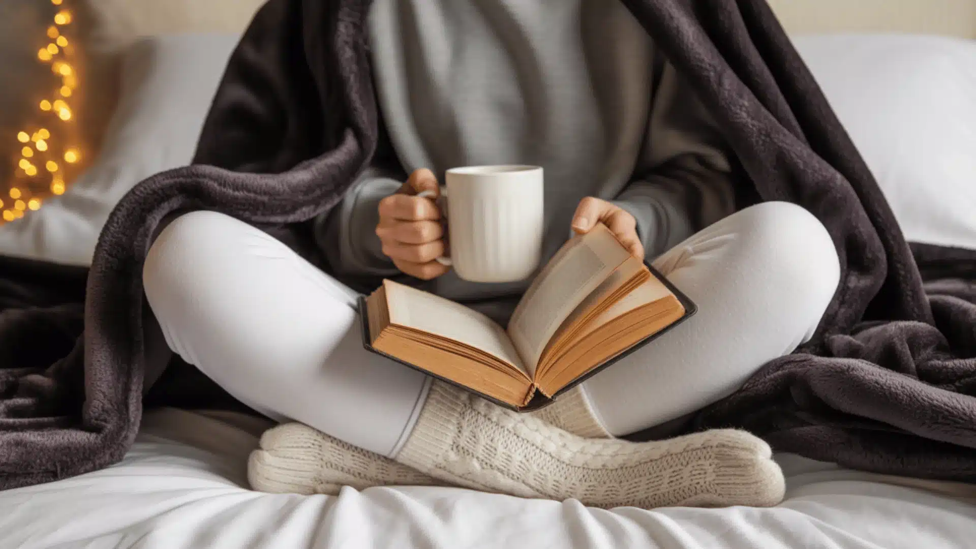 cozy indoor scene of someone sitting cross-legged on a bed with a dark gray plush blanket