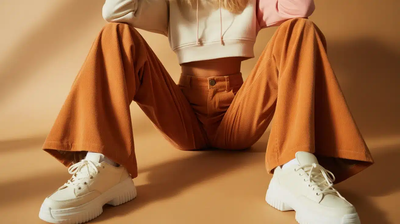 Cropped hoodie with flared pants and platform sneakers for retro indie look