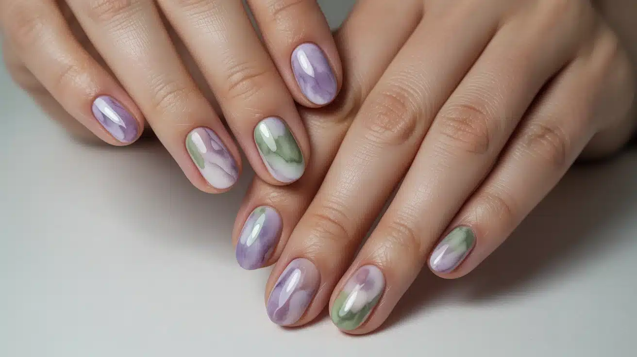 delicate watercolor blooming gel design blending soft pinks, blues, and lavender tones (2)