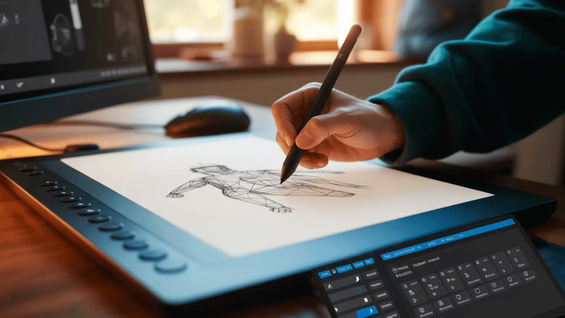 digital art creation on a professional graphics tablet hand wearing a dark green sleeve is holding a black digital art pen