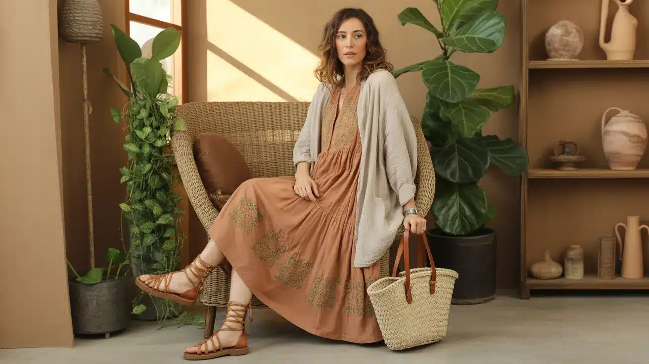 earthy bohemian outfit with cotton dress, terracotta colors, woven bag, leather sandals, and indoor plants in warm natural setting
