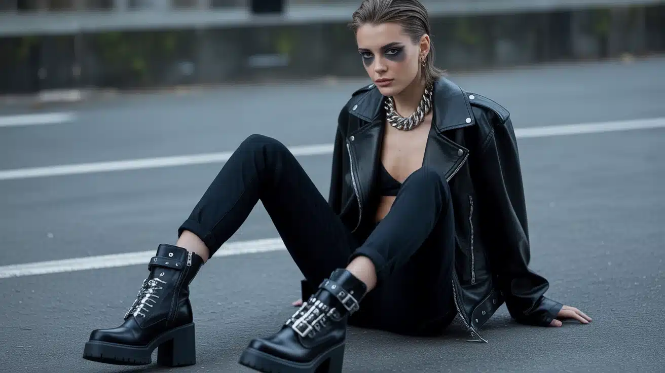 edgy grunge look with black leather jacket, dark trousers, heeled combat boots, and bold accessories for night out