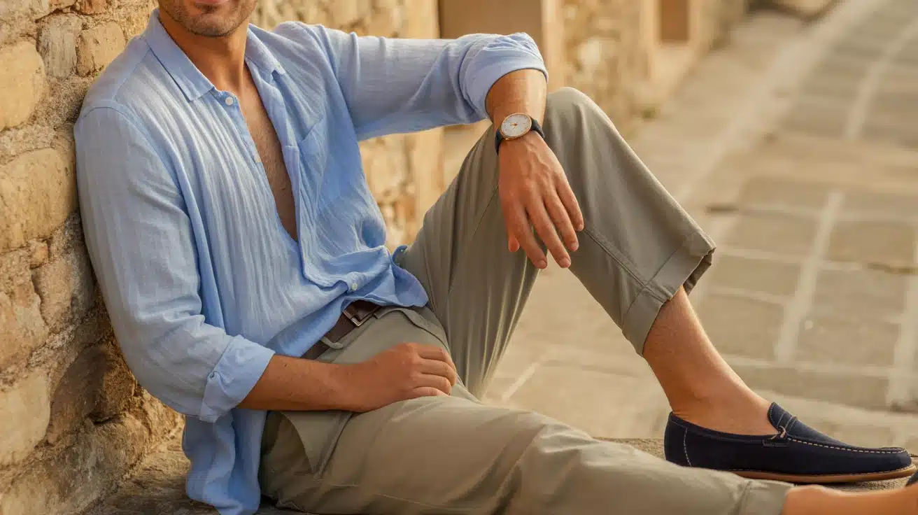 effortlessly chic light blue linen shirt with khaki chinos for a relaxed, smart look