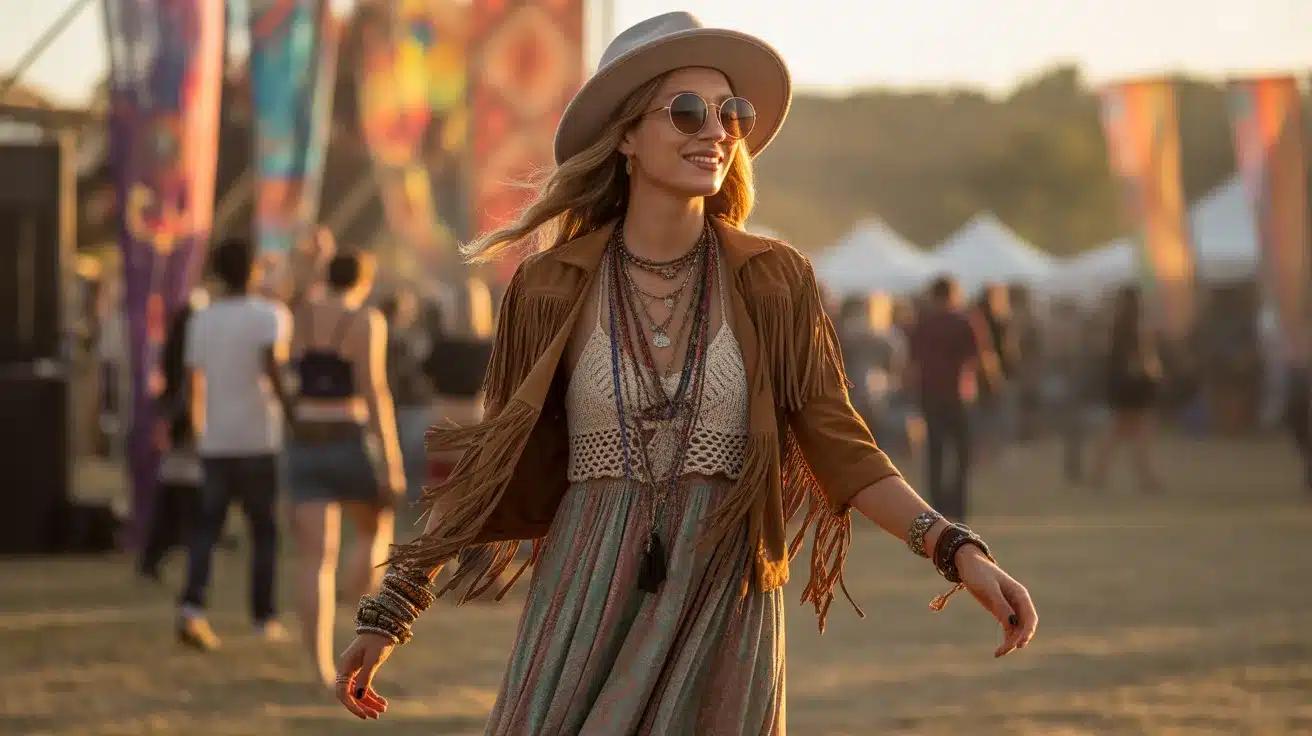 festival bohemian outfit with crochet top, flowing skirt, layered bracelets, wide hat, and colorful fabrics at outdoor summer event