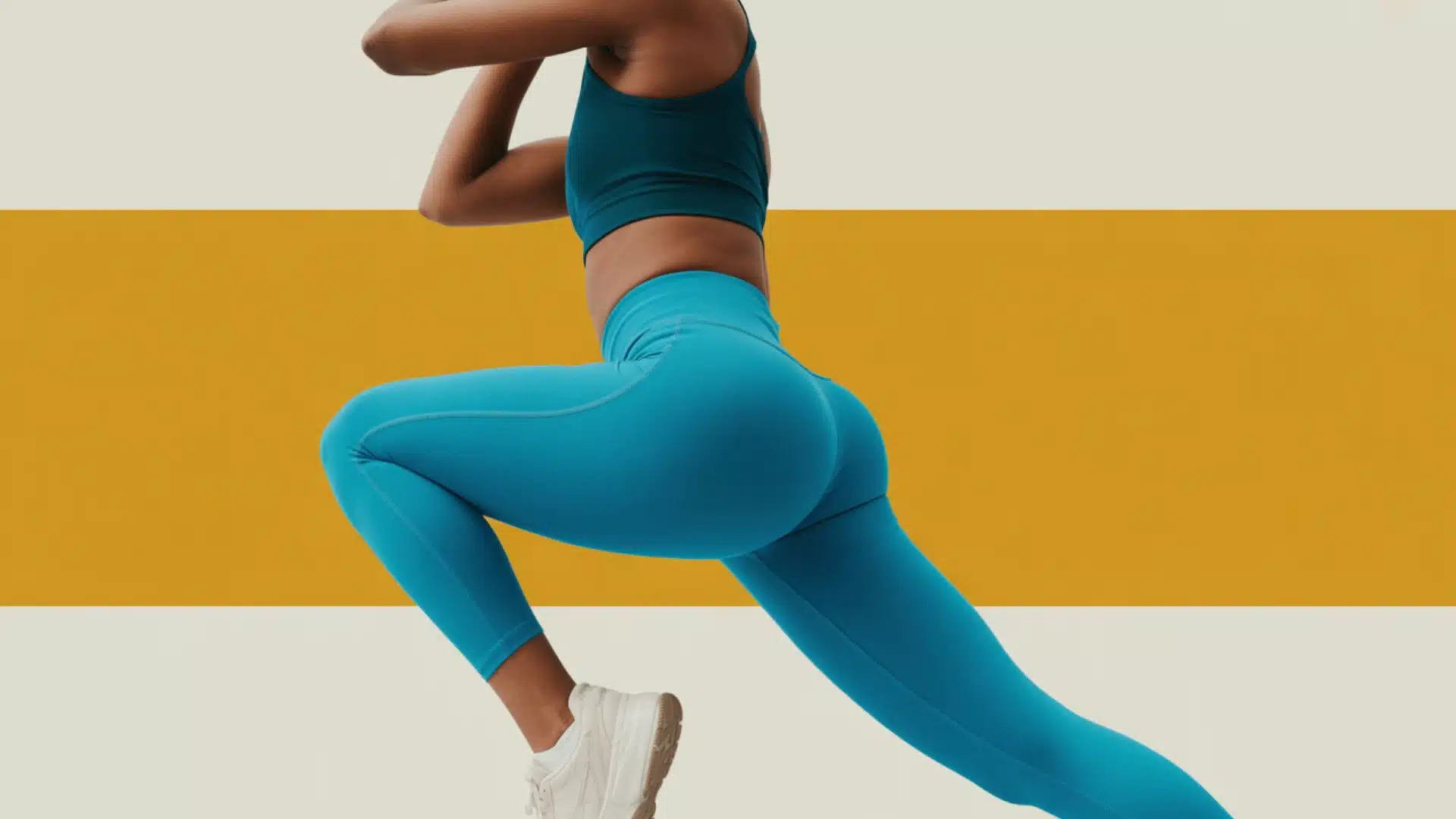 fitness photograph of a Black woman in athletic wear performing a side lunge pose against a two-toned background