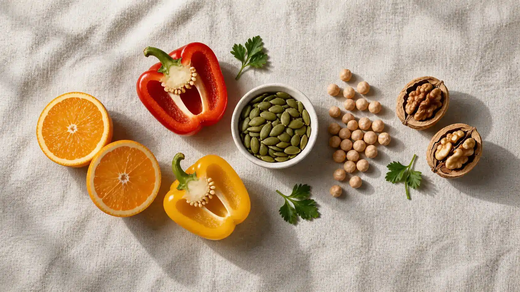 flat lay of collagen-supporting foods including oranges, bell peppers, pumpkin seeds, chickpeas, and walnuts on linen