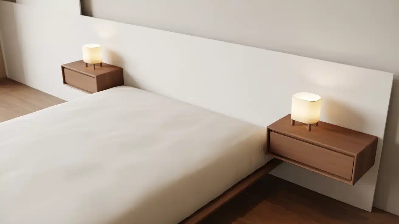 Floating nightstands beside bed keeping floor space clear