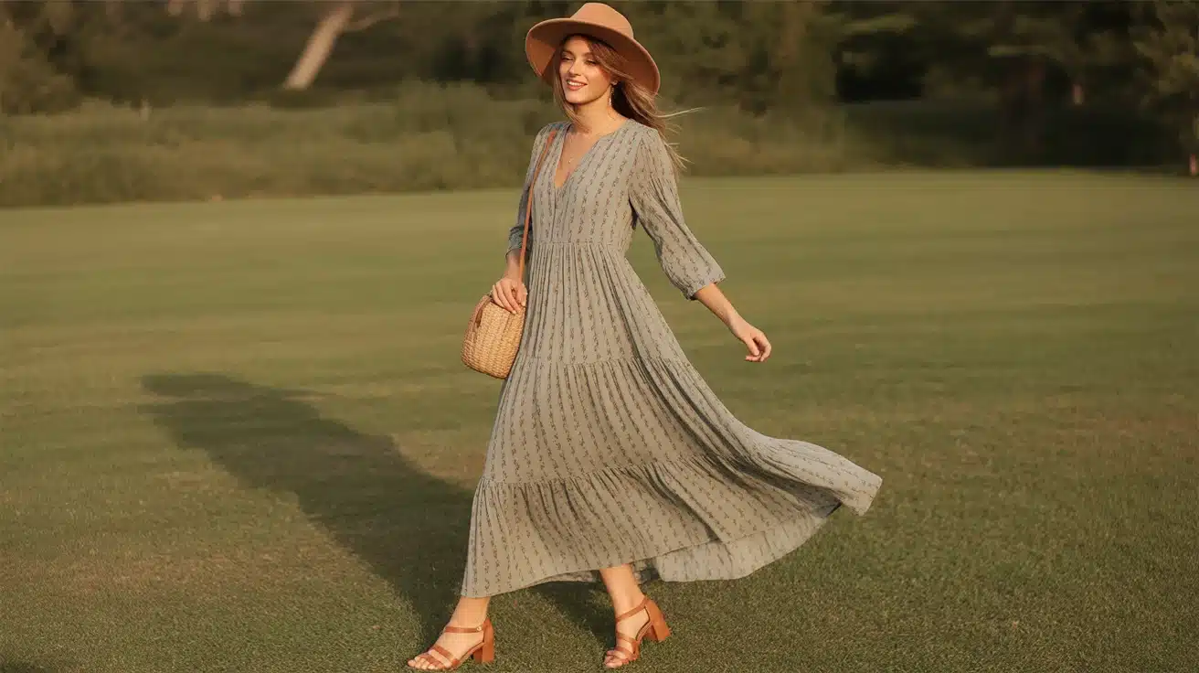 Flowing boho maxi dress in earthy tones with strappy sandals and woven bag