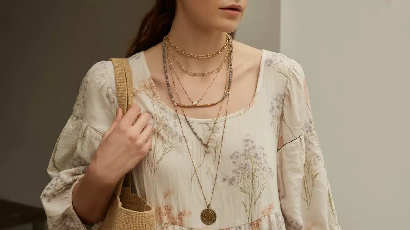 Flowy indie dress with layered necklaces for minimal but expressive casual look