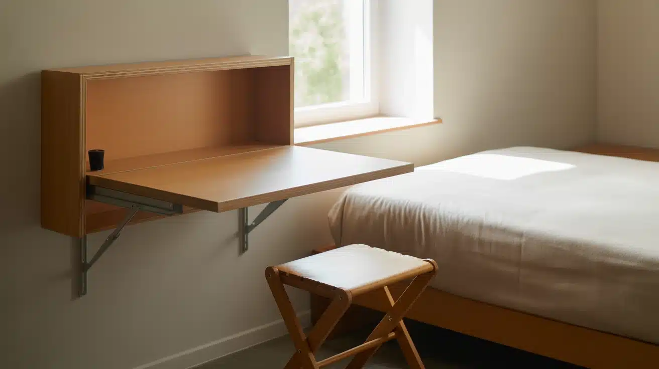 Fold-down wall desk closed in small bedroom with clear floor space