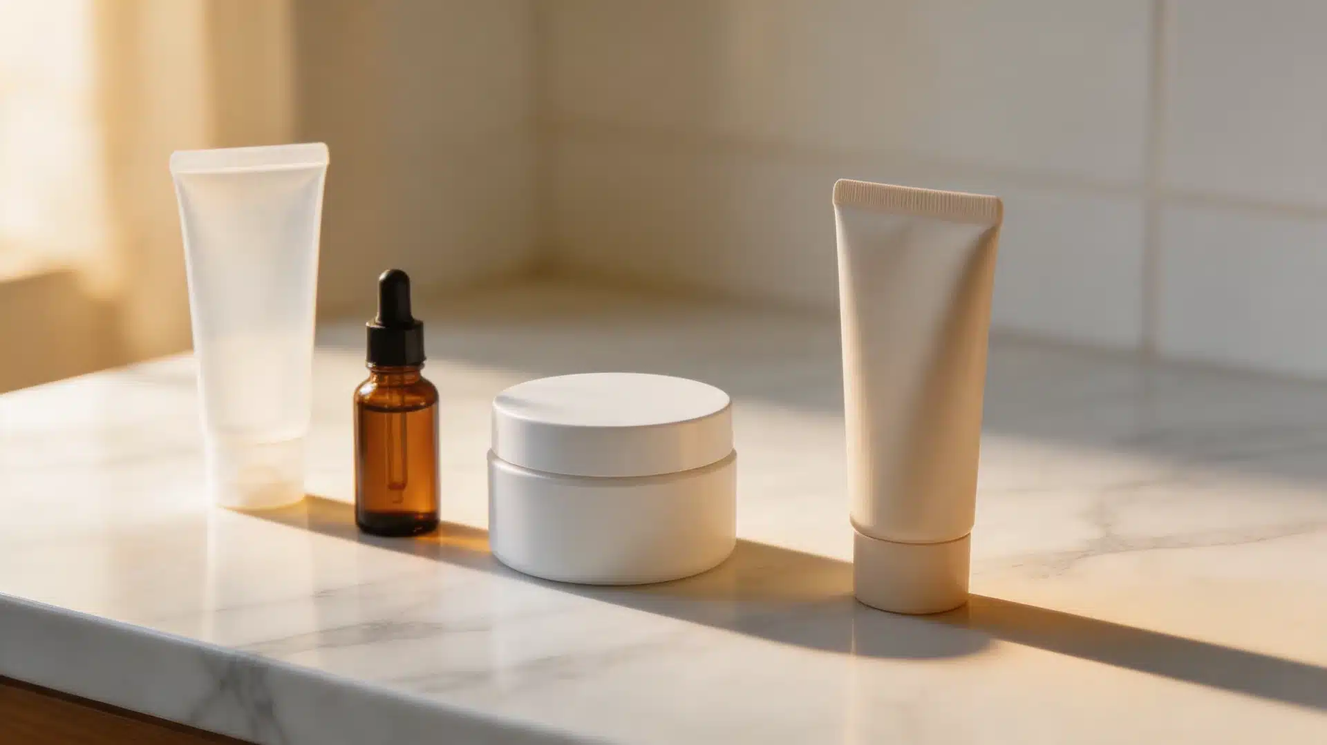 four skincare products, two white tubes, a dropper serum bottle, and a white cream jar, arranged on a marble counter