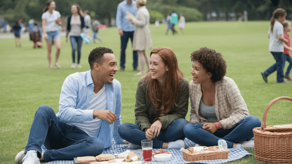 friends on a picnic date discussing something interesting and having a light hearted conversation in a park
