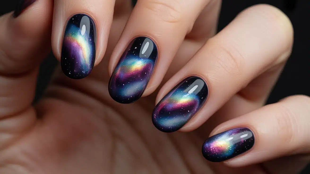 galaxy-themed blooming gel nails with deep colors and holographic shimmer
