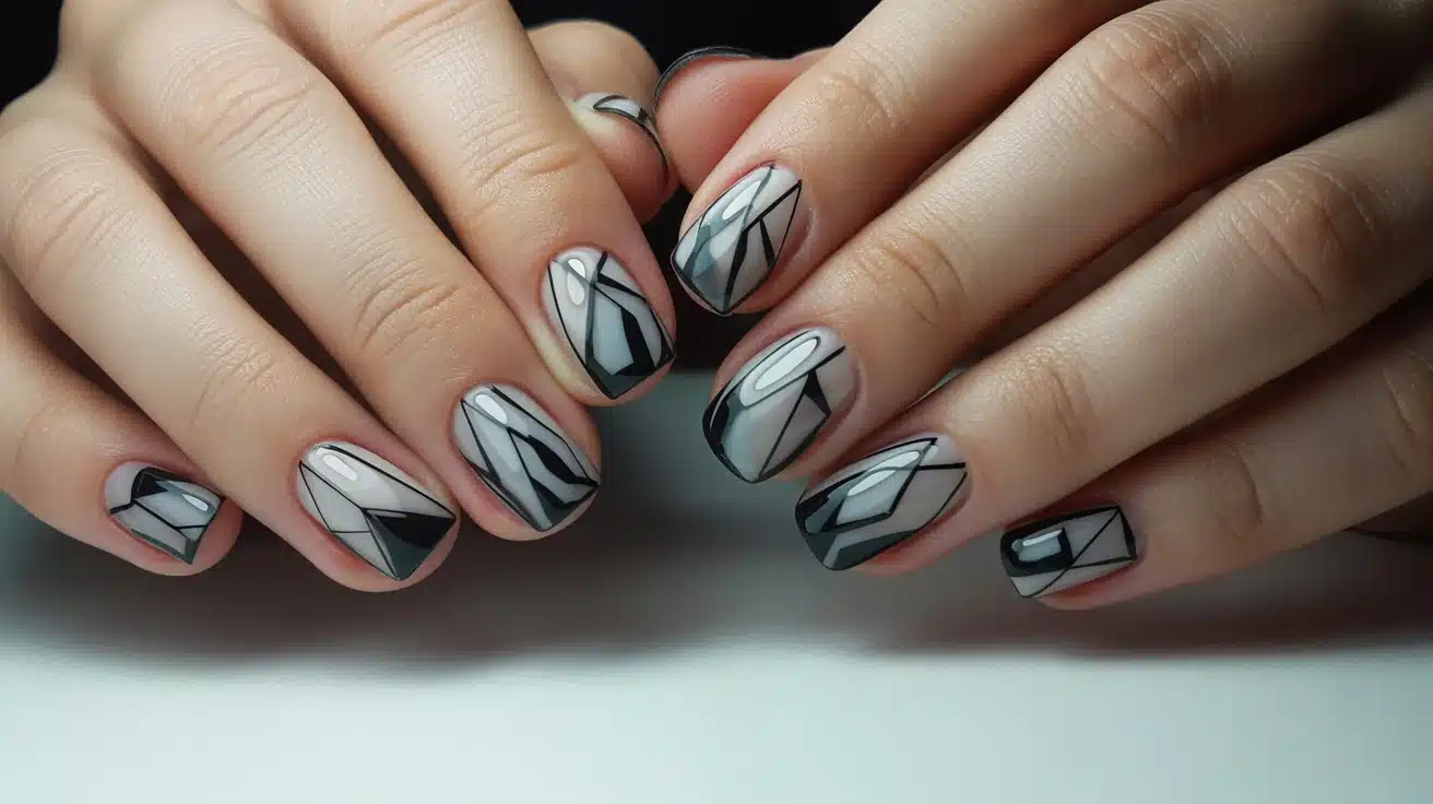 geometric blooming gel nails with sharp shapes and soft, fluid color movements