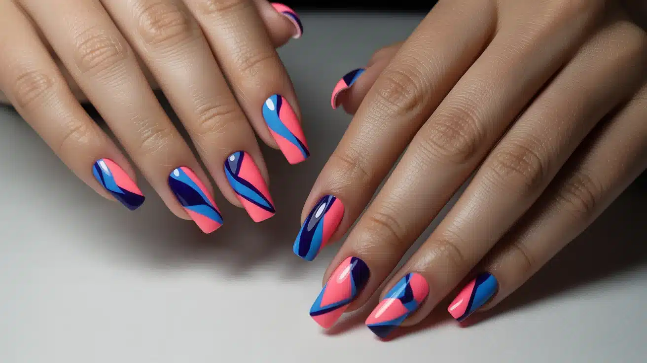 geometric blooming gel nails with sharp shapes and soft, fluid color movements.