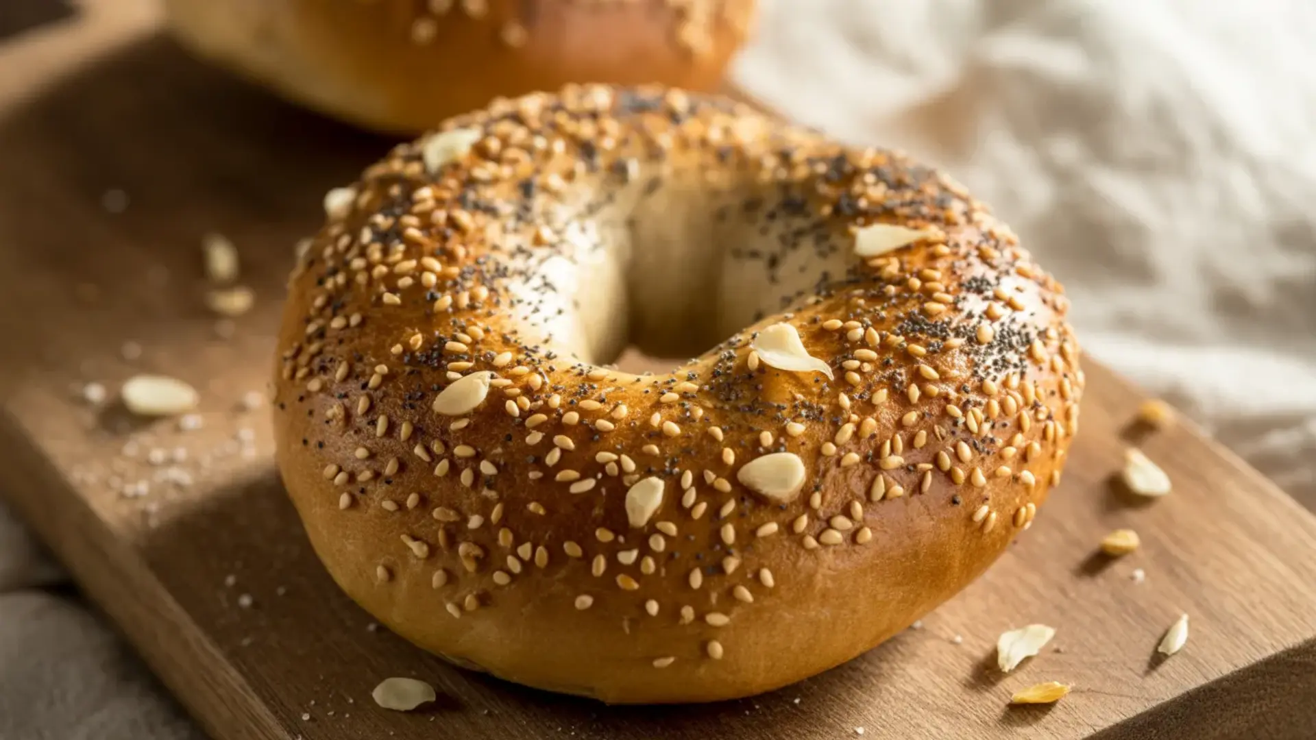 golden brown everything bagel topped with poppy seeds, sesame seeds, and garlic on a rustic wooden board
