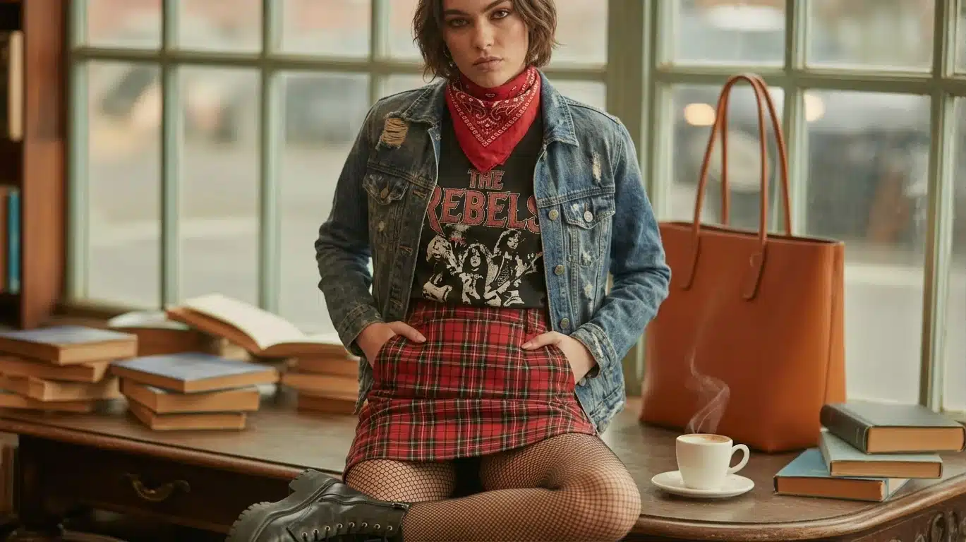 Grunge look with plaid skirt, bandana, fishnet tights, and chunky boots