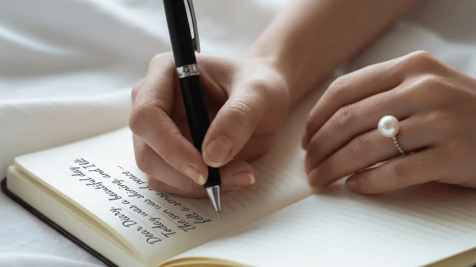 hands are wearing a delicate silver ring with a small pearl the person is holding a black pen with a silver cli