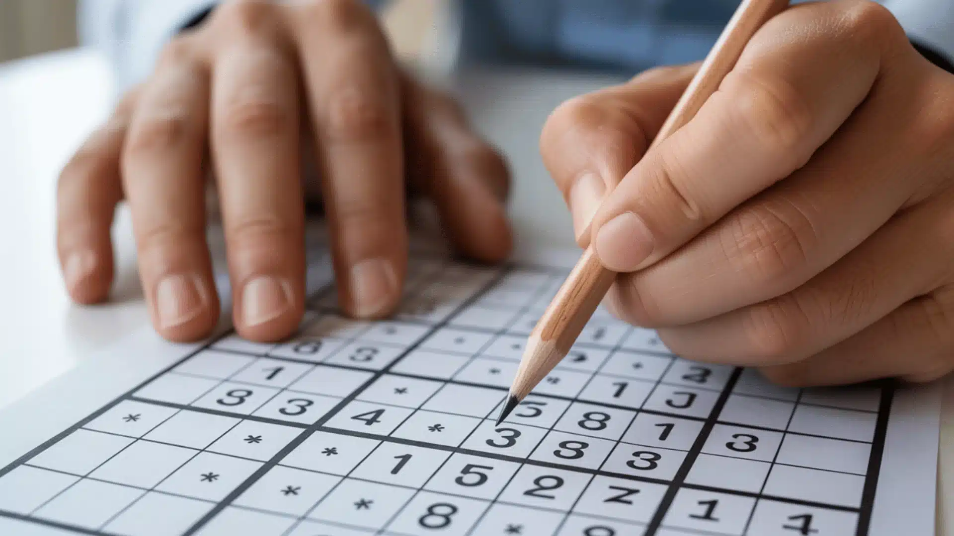 hands solving a Sudoku puzzle with a wooden pencil. The hands are positioned over a white paper grid with black numbers and lines