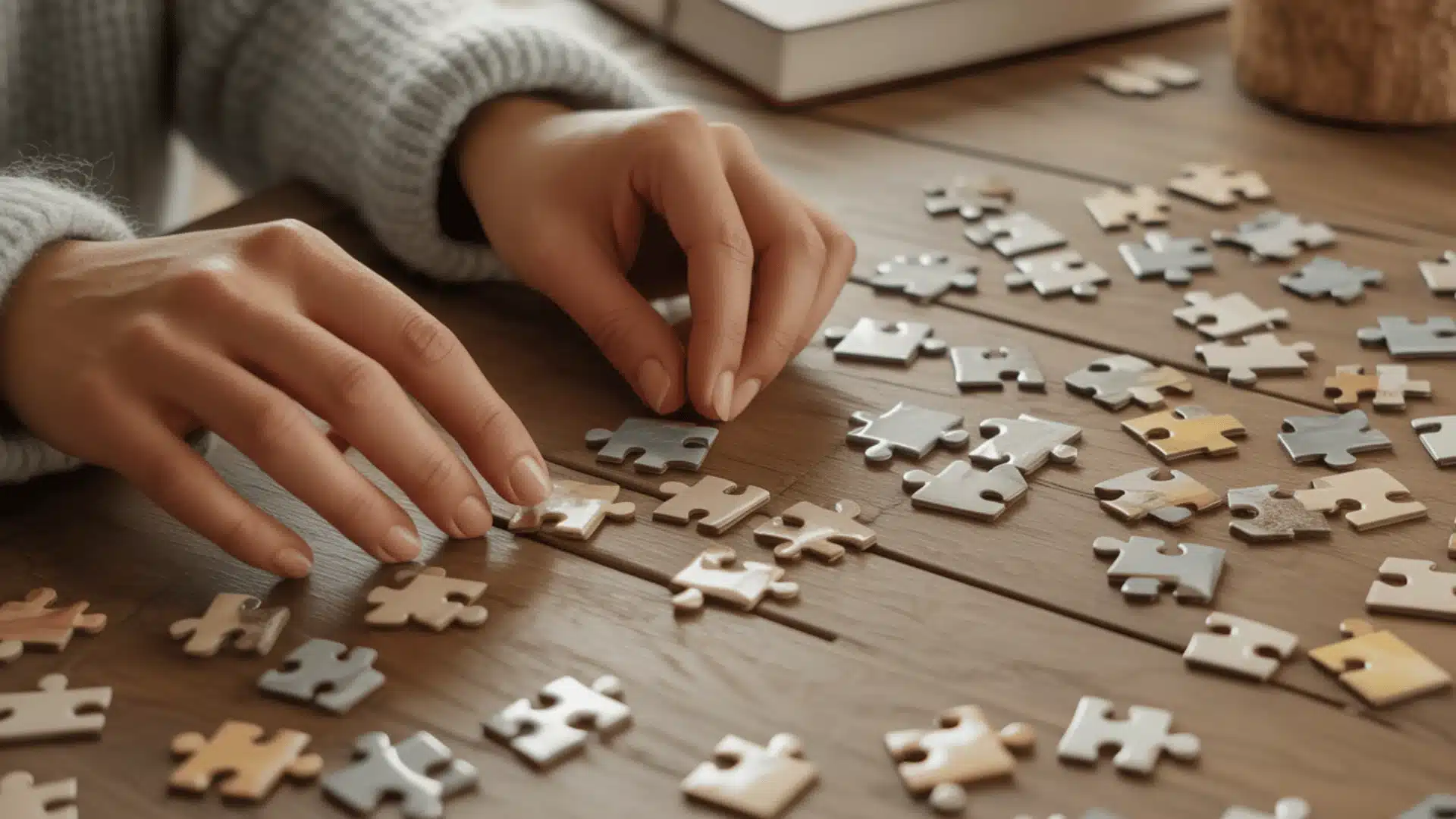 hands working on a jigsaw puzzle on a wooden table the puzzle pieces are scattered across a light brown wooden surface