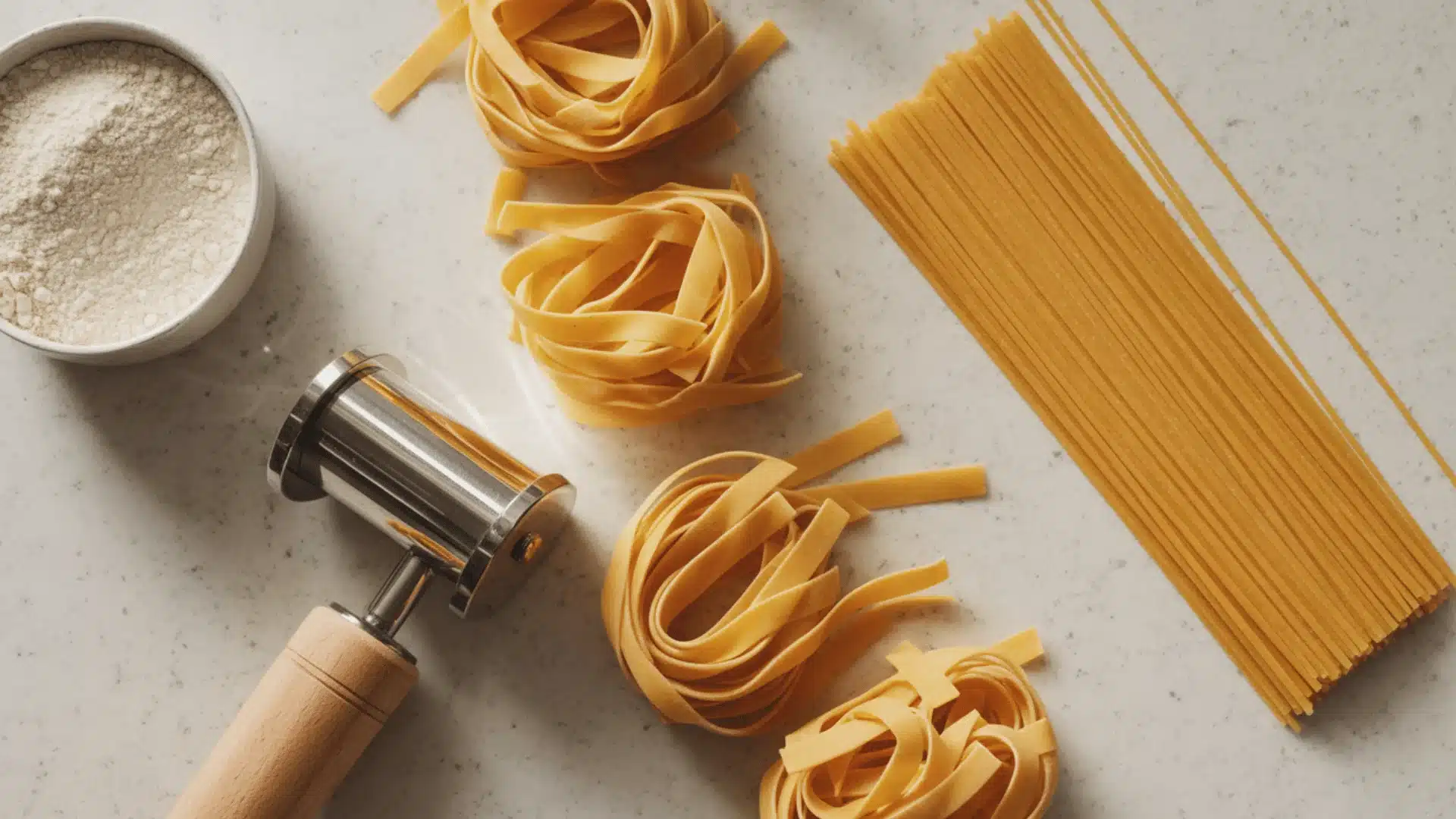 high-quality food photography shot of fresh pasta ingredients on a light gray speckled quartz countertop