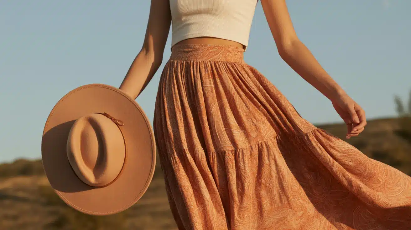 High-waisted boho skirt with fitted crop top and wide-brimmed hat