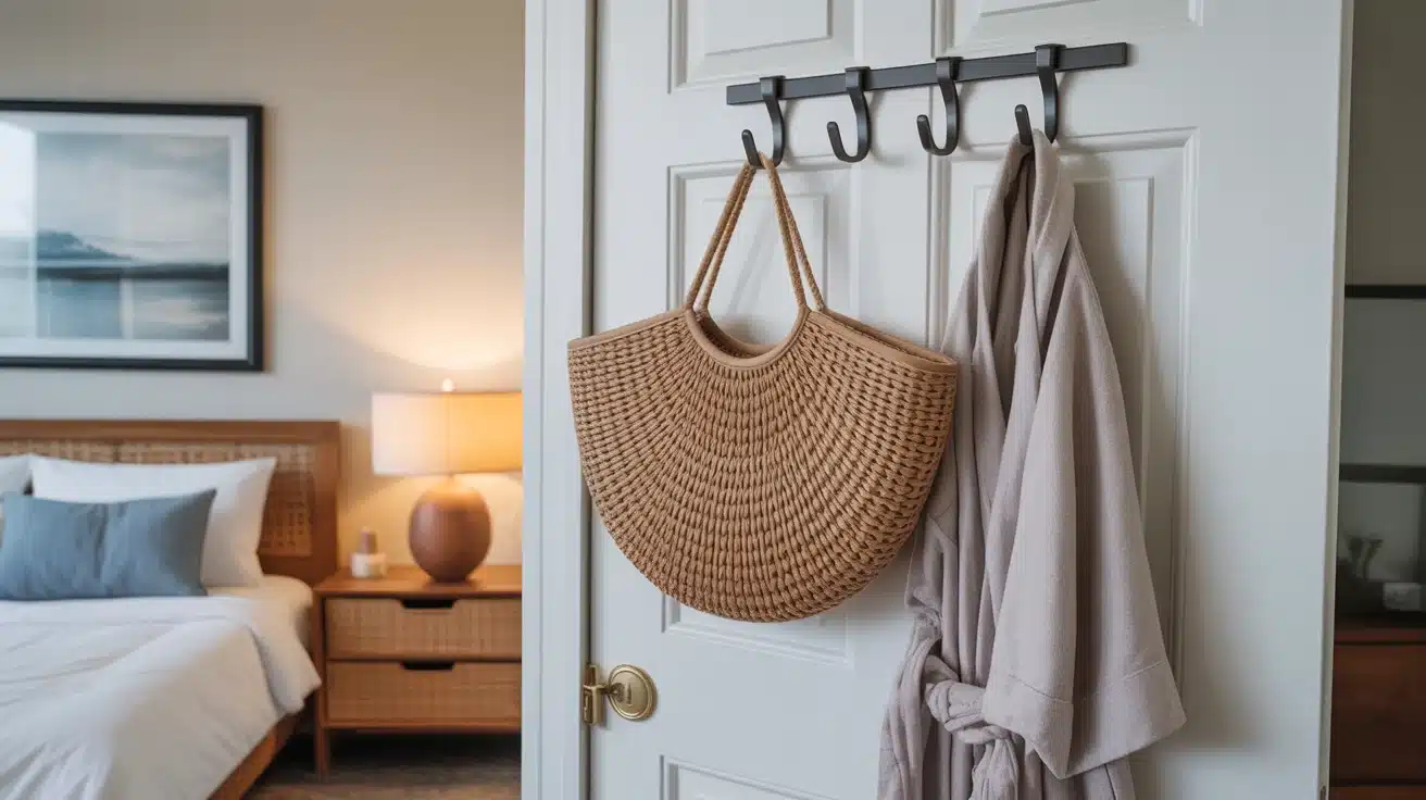 Hooks on door used for storage in a small bedroom