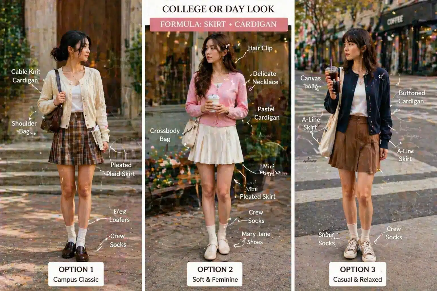 hree women in skirt and cardigan outfits, styled differently in urban, casual settings with accessories