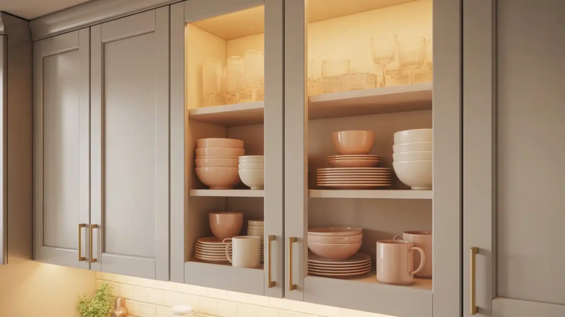 kitchen cabinets with glass display shelves, warm lighting, stacked bowls, plates, mugs, and glasses