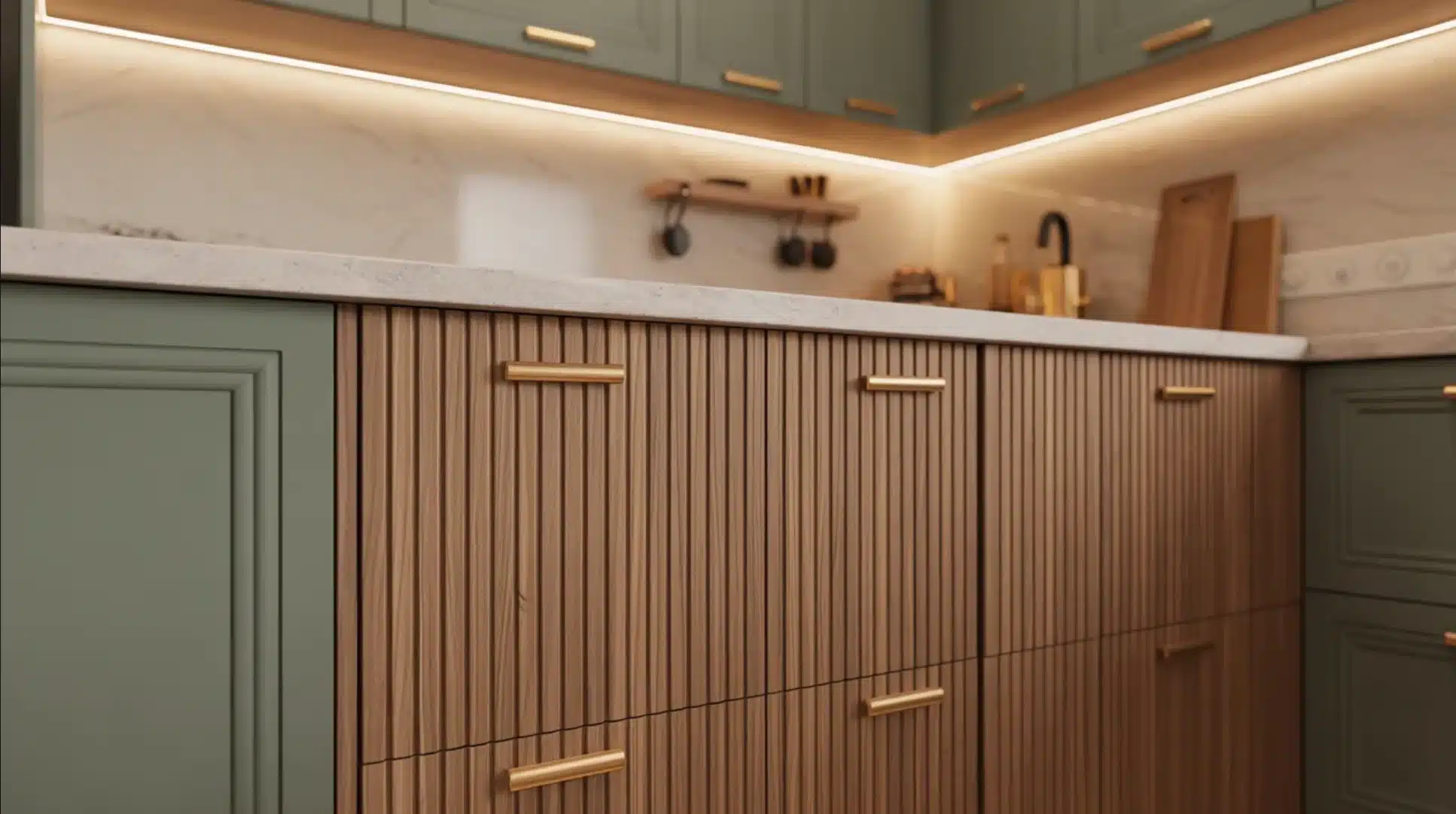 kitchen cabinets with vertical wood slats, green panels, brass handles, white countertop, and under-cabinet lighting