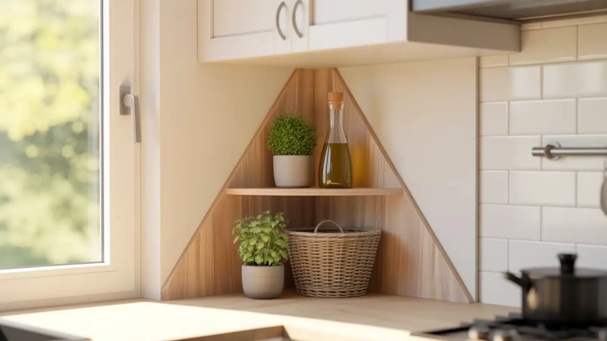kitchen corner shelf with wooden triangular design holding small plants, oil bottle, basket, and white tile backsplash