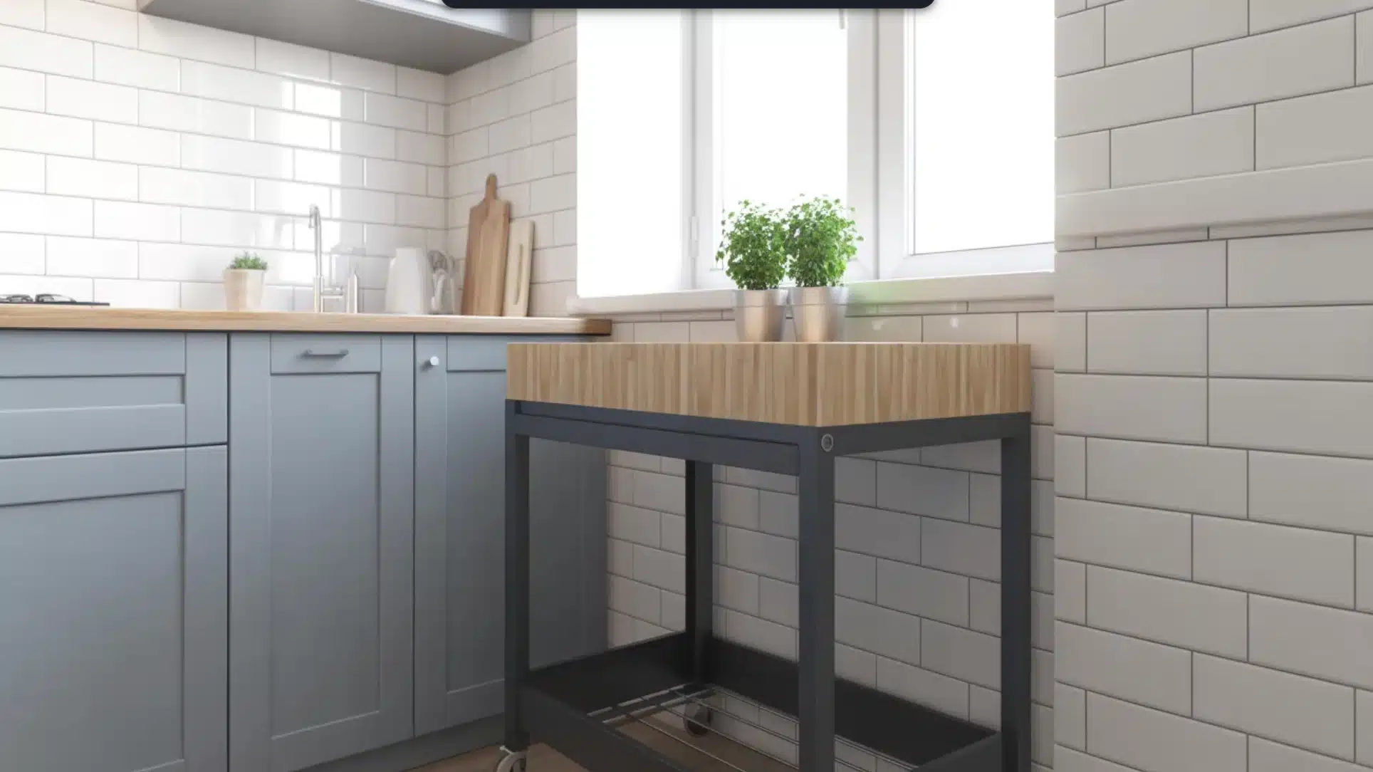 kitchen corner with gray cabinets, subway tile walls, wooden countertop cart, small plants, and bright window
