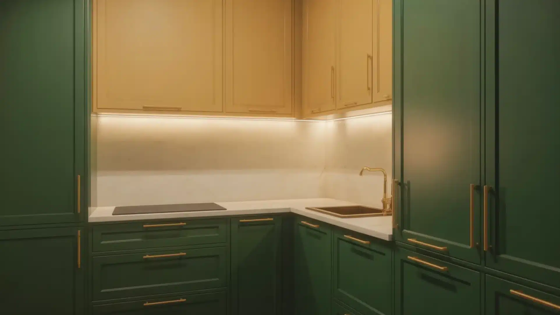 kitchen corner with green cabinets, brass handles, white countertop, under-cabinet lighting, built-in cooktop, and sink