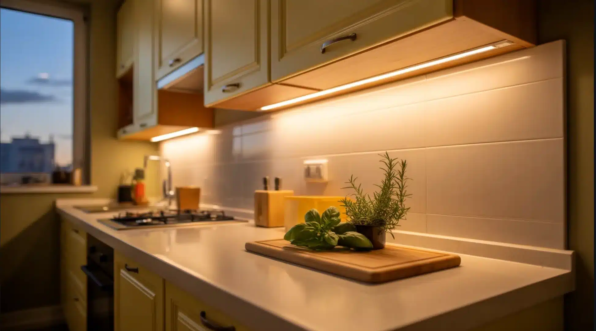kitchen countertop with fresh herbs on cutting board, under-cabinet lighting, white backsplash tiles, stove, and sink
